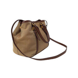 Prada Jacquard trim bag canvas Tote Logo Brown leather